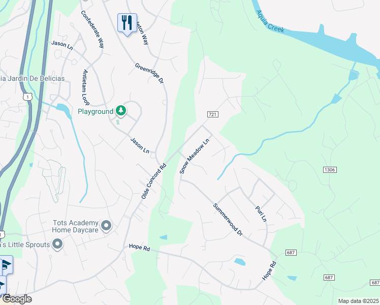 map of restaurants, bars, coffee shops, grocery stores, and more near 16 Snow Meadow Lane in Stafford