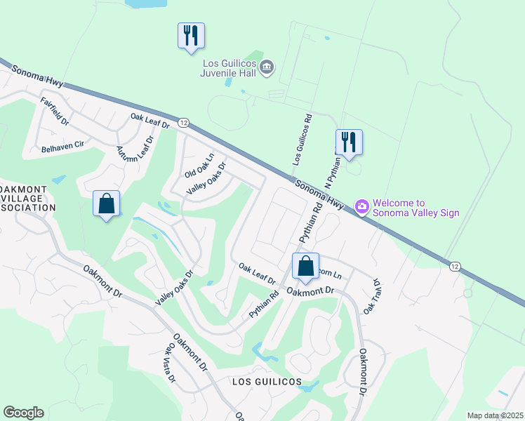map of restaurants, bars, coffee shops, grocery stores, and more near 9252 Oak Trail Circle in Santa Rosa