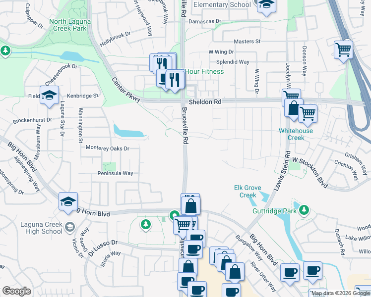 map of restaurants, bars, coffee shops, grocery stores, and more near 8857 Bruceville Road in Elk Grove