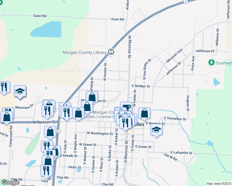map of restaurants, bars, coffee shops, grocery stores, and more near 302 West Clark Street in Versailles