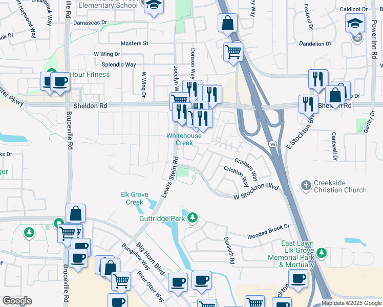 map of restaurants, bars, coffee shops, grocery stores, and more near 8875 Lewis Stein Road in Elk Grove