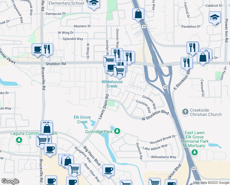 map of restaurants, bars, coffee shops, grocery stores, and more near 8875 Lewis Stein Road in Elk Grove