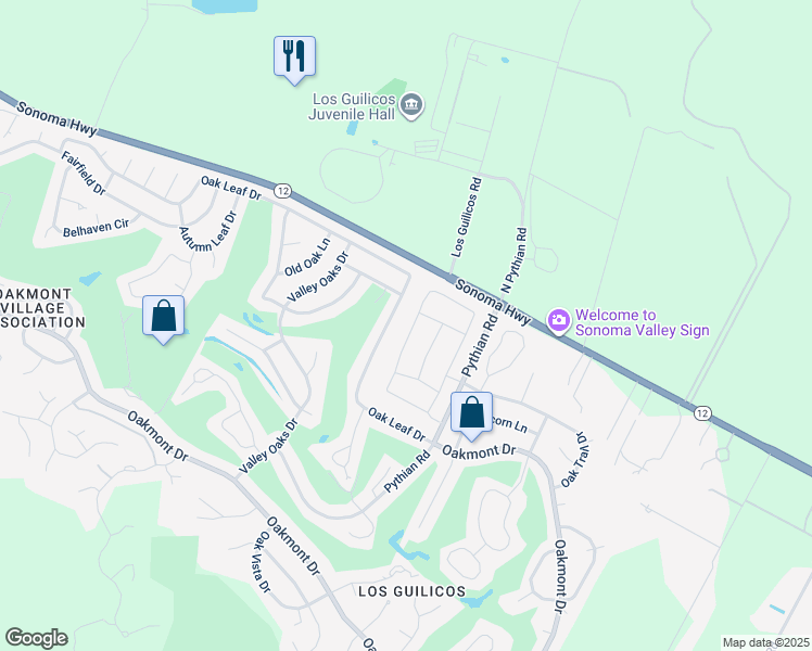 map of restaurants, bars, coffee shops, grocery stores, and more near 9252 Oak Trail Circle in Santa Rosa