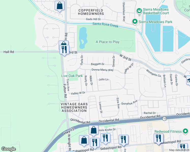 map of restaurants, bars, coffee shops, grocery stores, and more near 471 Jose Ramon Avenue in Santa Rosa