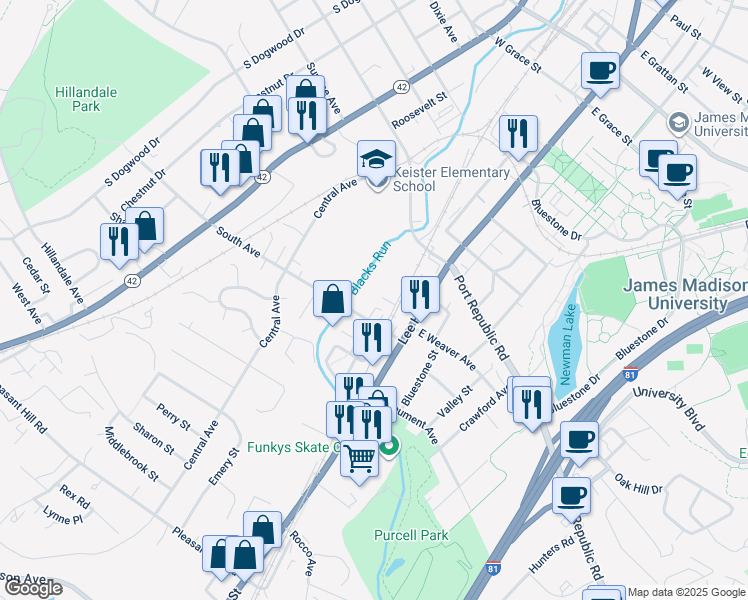 map of restaurants, bars, coffee shops, grocery stores, and more near 32 South Avenue in Harrisonburg