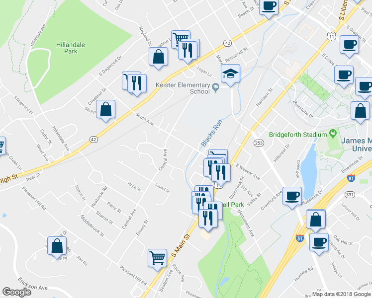 map of restaurants, bars, coffee shops, grocery stores, and more near 49 South Avenue in Harrisonburg