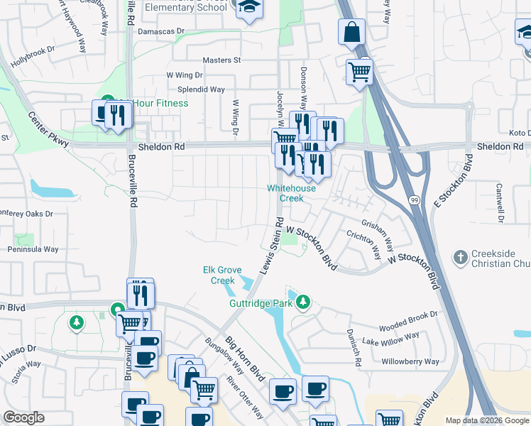 map of restaurants, bars, coffee shops, grocery stores, and more near 8875 Lewis Stein Rd in Elk Grove