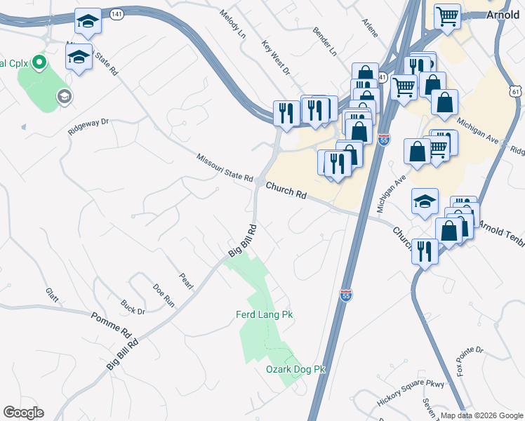 map of restaurants, bars, coffee shops, grocery stores, and more near 1764 Old Lemay Ferry Road in Arnold