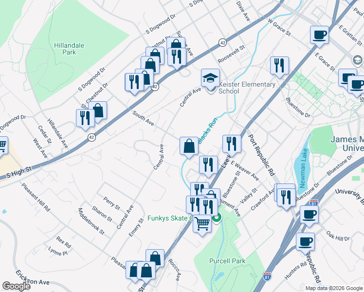 map of restaurants, bars, coffee shops, grocery stores, and more near 49 South Avenue in Harrisonburg