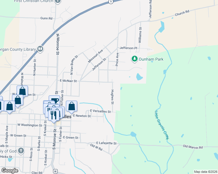 map of restaurants, bars, coffee shops, grocery stores, and more near 303-363 Hughes Street in Versailles