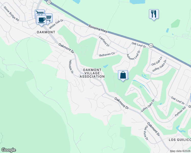 map of restaurants, bars, coffee shops, grocery stores, and more near 6926 Oakmont Drive in Santa Rosa