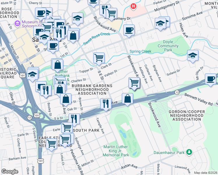 map of restaurants, bars, coffee shops, grocery stores, and more near 454 South E Street in Santa Rosa