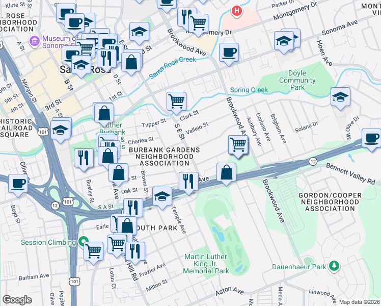 map of restaurants, bars, coffee shops, grocery stores, and more near 454 South E Street in Santa Rosa