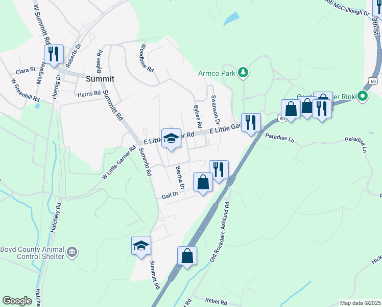 map of restaurants, bars, coffee shops, grocery stores, and more near Bertha Drive in Ashland
