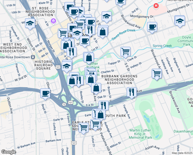 map of restaurants, bars, coffee shops, grocery stores, and more near 634 Wheeler Street in Santa Rosa