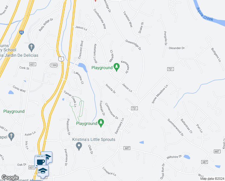 map of restaurants, bars, coffee shops, grocery stores, and more near Invicta Drive in Stafford