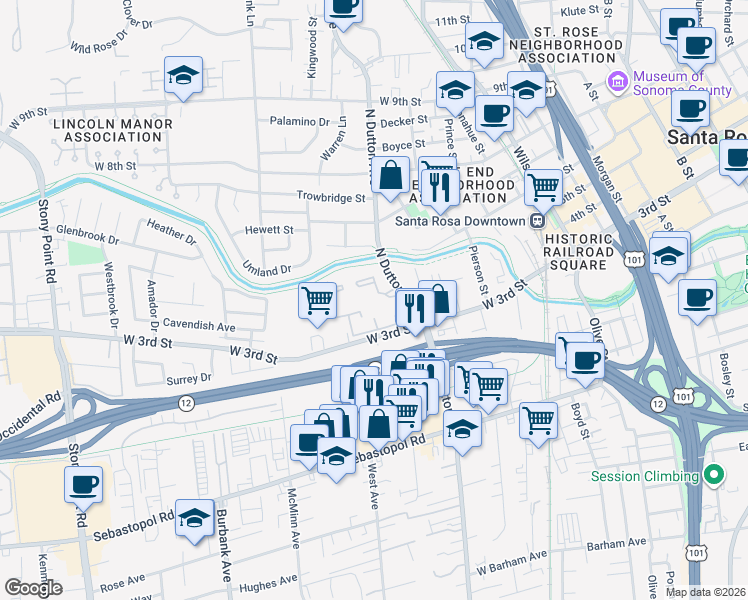 map of restaurants, bars, coffee shops, grocery stores, and more near 750 Apple Creek Lane in Santa Rosa