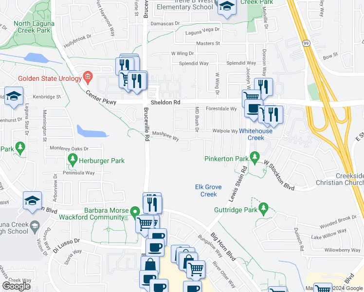 map of restaurants, bars, coffee shops, grocery stores, and more near 8857-8899 Bruceville Road in Elk Grove