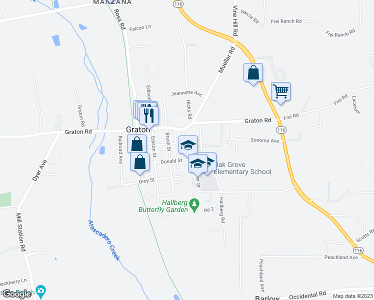 map of restaurants, bars, coffee shops, grocery stores, and more near 8930 Donald Street in Graton