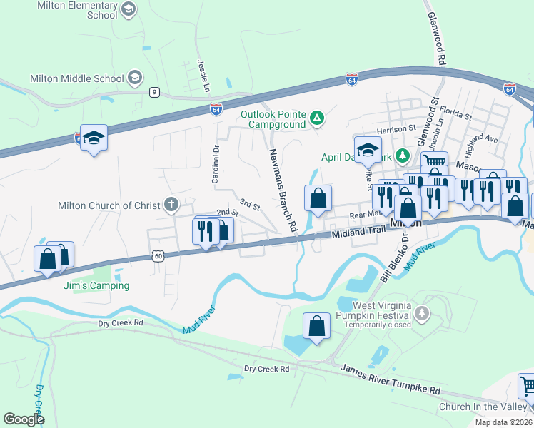map of restaurants, bars, coffee shops, grocery stores, and more near 1301 3rd Street in Milton