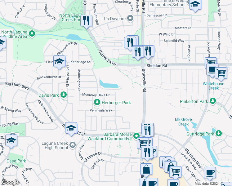 map of restaurants, bars, coffee shops, grocery stores, and more near 8800 Jessup Court in Elk Grove