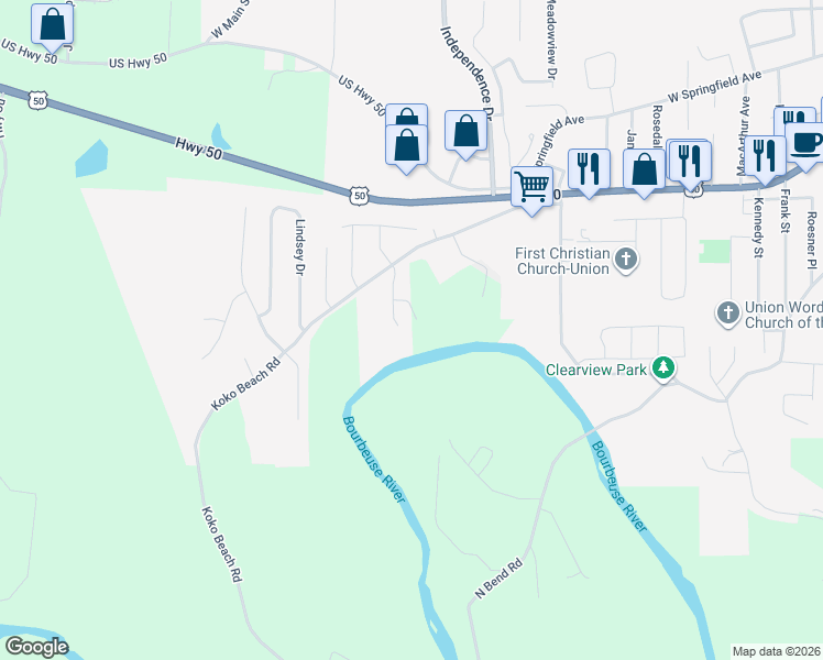 map of restaurants, bars, coffee shops, grocery stores, and more near 30 Ridgepoint Meadows Court in Union