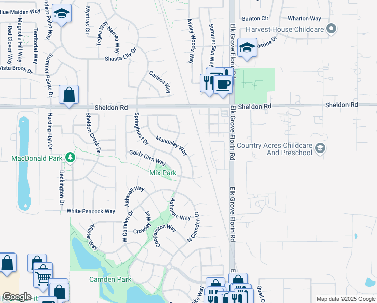 map of restaurants, bars, coffee shops, grocery stores, and more near 8928 Mandalay Way in Elk Grove