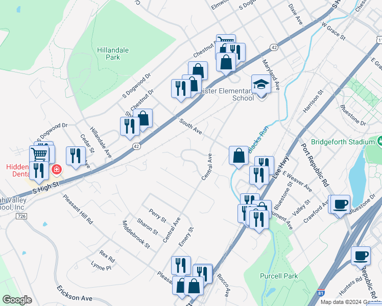 map of restaurants, bars, coffee shops, grocery stores, and more near 129 Southampton Drive in Harrisonburg