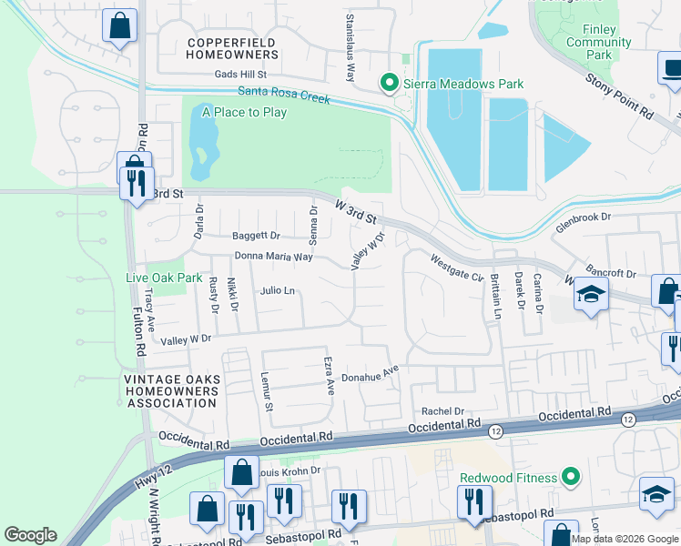 map of restaurants, bars, coffee shops, grocery stores, and more near 2331 Maria Luz Court West in Santa Rosa