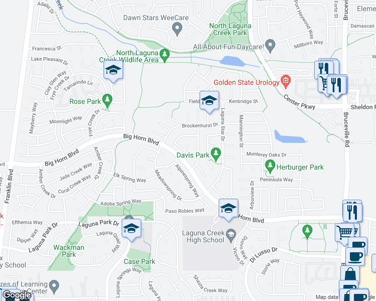 map of restaurants, bars, coffee shops, grocery stores, and more near 8873 Chadbury Place in Elk Grove