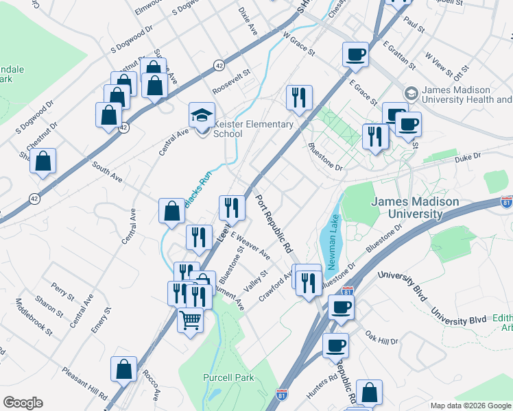 map of restaurants, bars, coffee shops, grocery stores, and more near 33 Port Republic Road in Harrisonburg