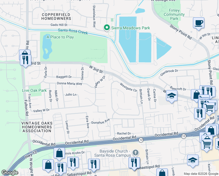 map of restaurants, bars, coffee shops, grocery stores, and more near 95 Westgate Circle in Santa Rosa