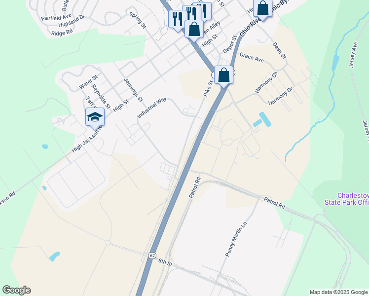 map of restaurants, bars, coffee shops, grocery stores, and more near 11117-11245 Ohio River Scenic Byway in Charlestown