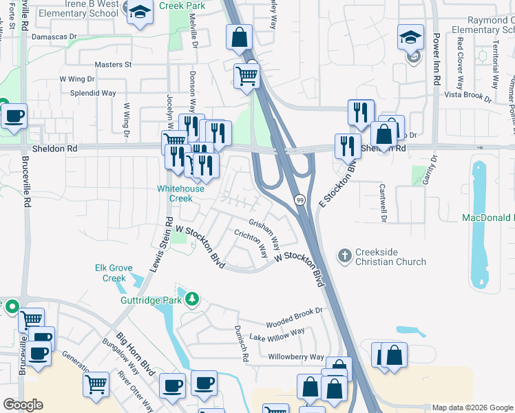 map of restaurants, bars, coffee shops, grocery stores, and more near 8200 Lauffer Way in Elk Grove