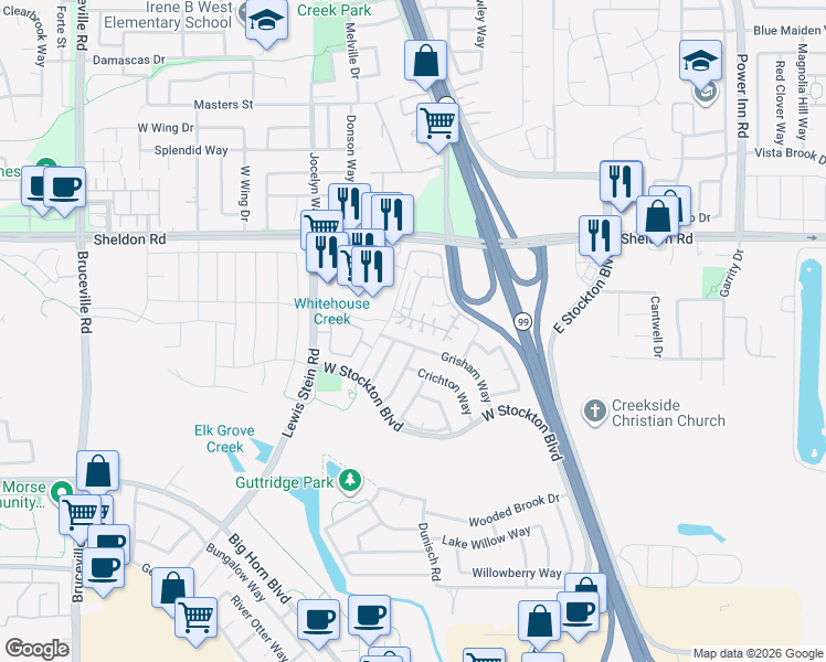 map of restaurants, bars, coffee shops, grocery stores, and more near 8893 Breton Way in Elk Grove