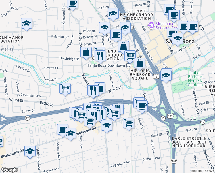 map of restaurants, bars, coffee shops, grocery stores, and more near 207 West 3rd Street in Santa Rosa