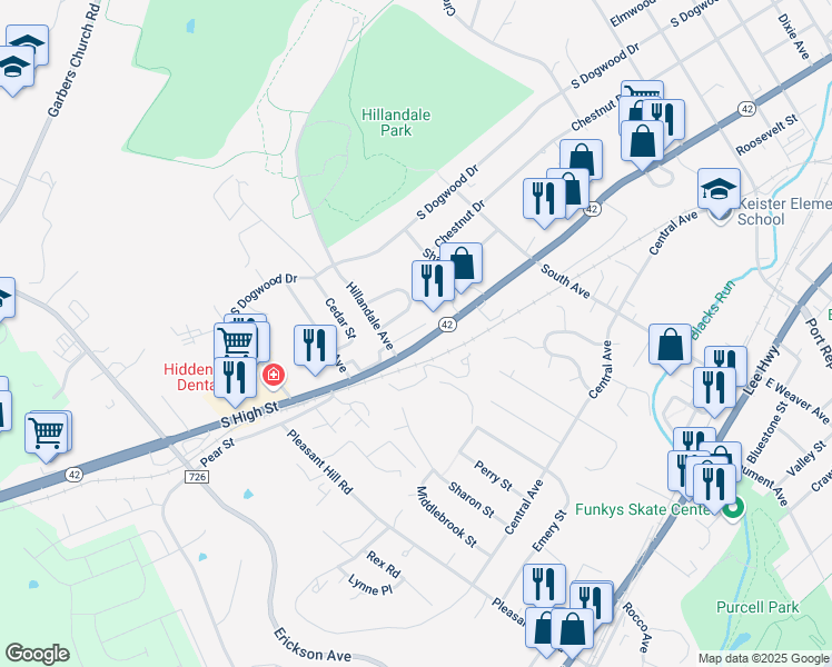 map of restaurants, bars, coffee shops, grocery stores, and more near 200-222 Hillandale Ave in Harrisonburg