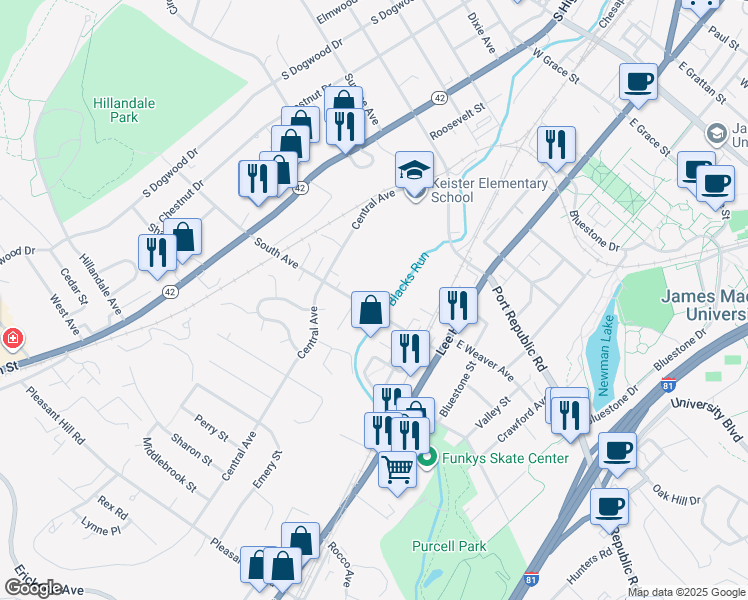 map of restaurants, bars, coffee shops, grocery stores, and more near 60 South Avenue in Harrisonburg