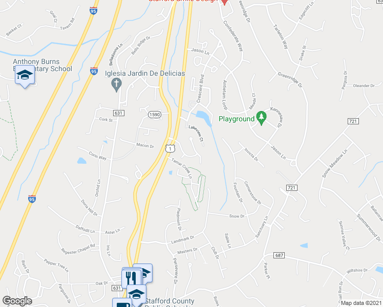 map of restaurants, bars, coffee shops, grocery stores, and more near 39 Wayside Court in Stafford
