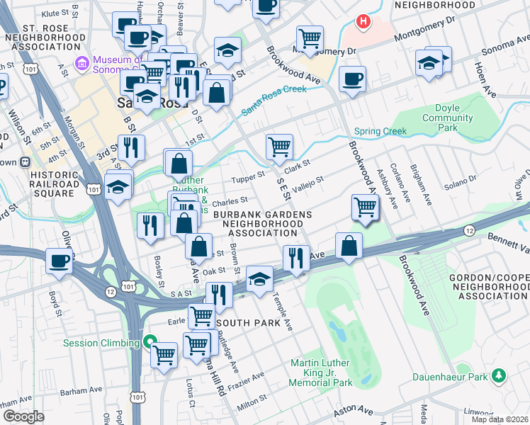 map of restaurants, bars, coffee shops, grocery stores, and more near 390 Hendley Street in Santa Rosa