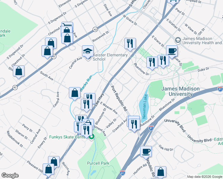 map of restaurants, bars, coffee shops, grocery stores, and more near 33 Port Republic Road in Harrisonburg