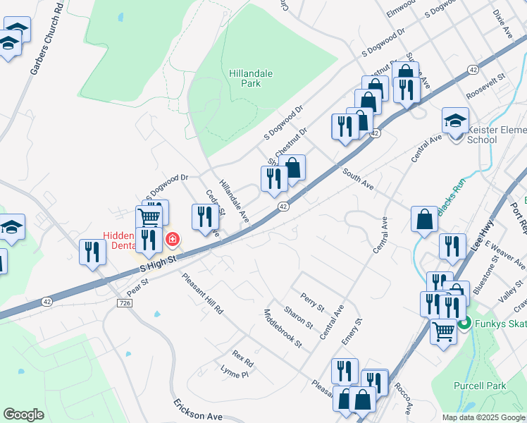 map of restaurants, bars, coffee shops, grocery stores, and more near 200-222 Hillandale Ave in Harrisonburg