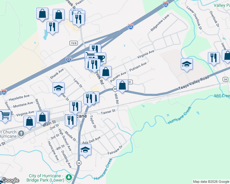 map of restaurants, bars, coffee shops, grocery stores, and more near 114 Teays Valley Road in Hurricane
