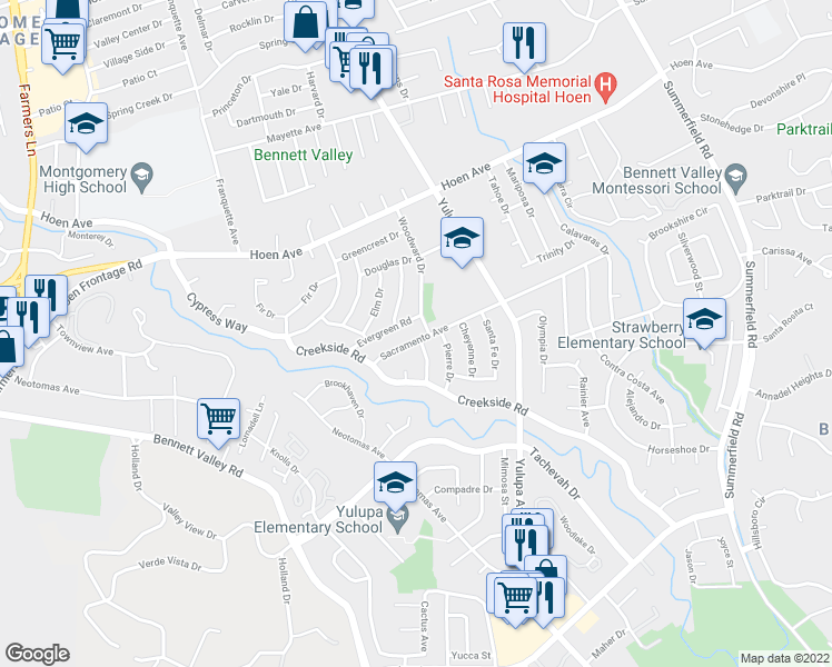 map of restaurants, bars, coffee shops, grocery stores, and more near 3716 Sacramento Avenue in Santa Rosa