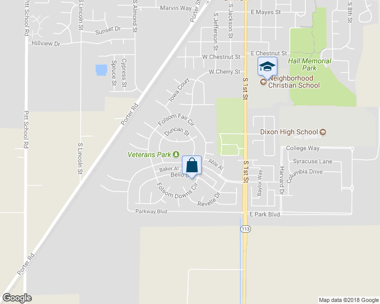 map of restaurants, bars, coffee shops, grocery stores, and more near 2235 Duncan Street in Dixon