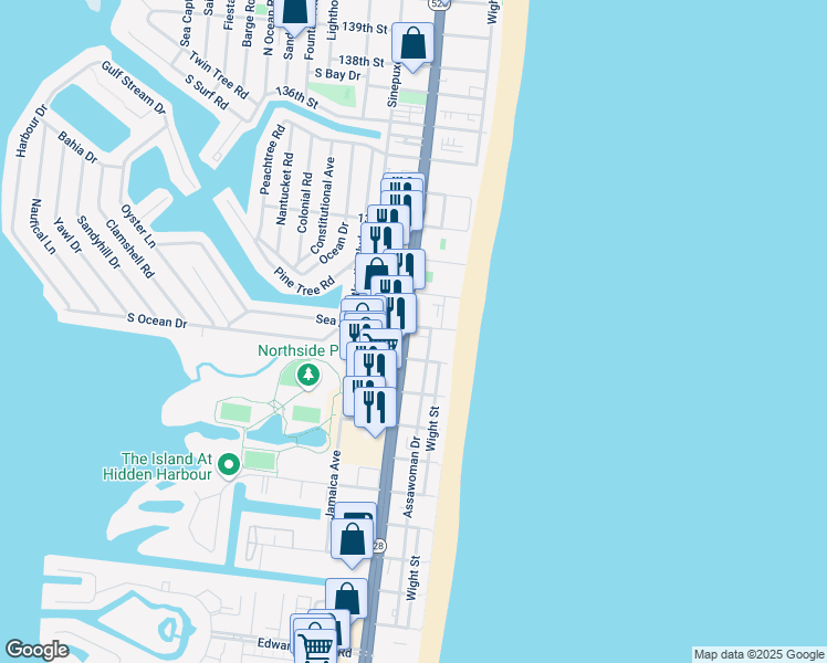 map of restaurants, bars, coffee shops, grocery stores, and more near 102 129th Street in Ocean City