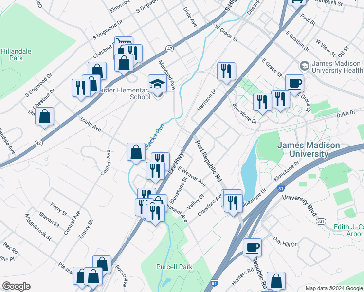 map of restaurants, bars, coffee shops, grocery stores, and more near 1329 South Main Street in Harrisonburg