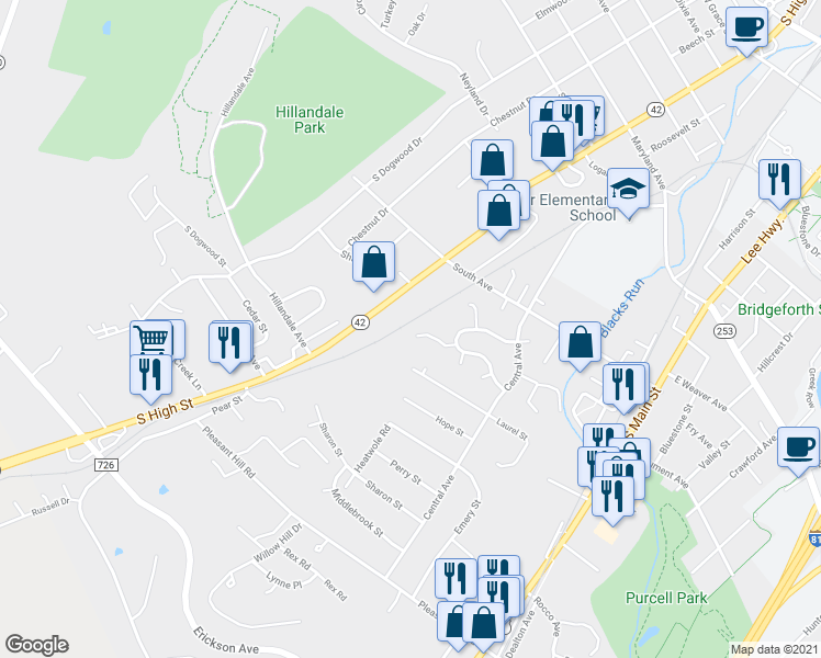 map of restaurants, bars, coffee shops, grocery stores, and more near 236 Wakefield Place in Harrisonburg