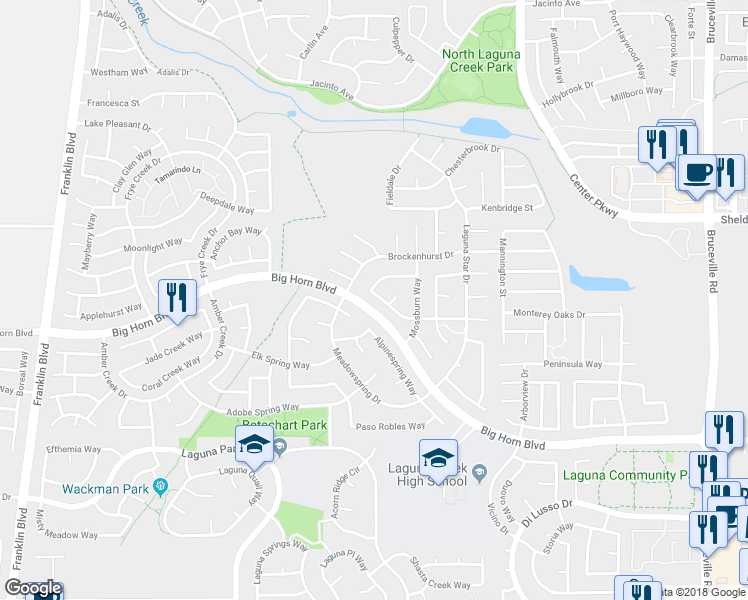 map of restaurants, bars, coffee shops, grocery stores, and more near 6104 Belfield Circle in Elk Grove