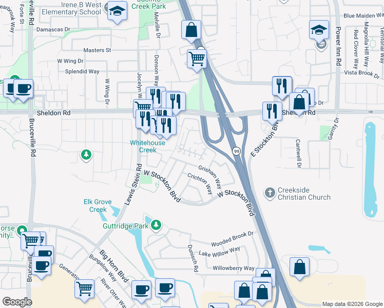 map of restaurants, bars, coffee shops, grocery stores, and more near 8201 Zenia Lane in Elk Grove